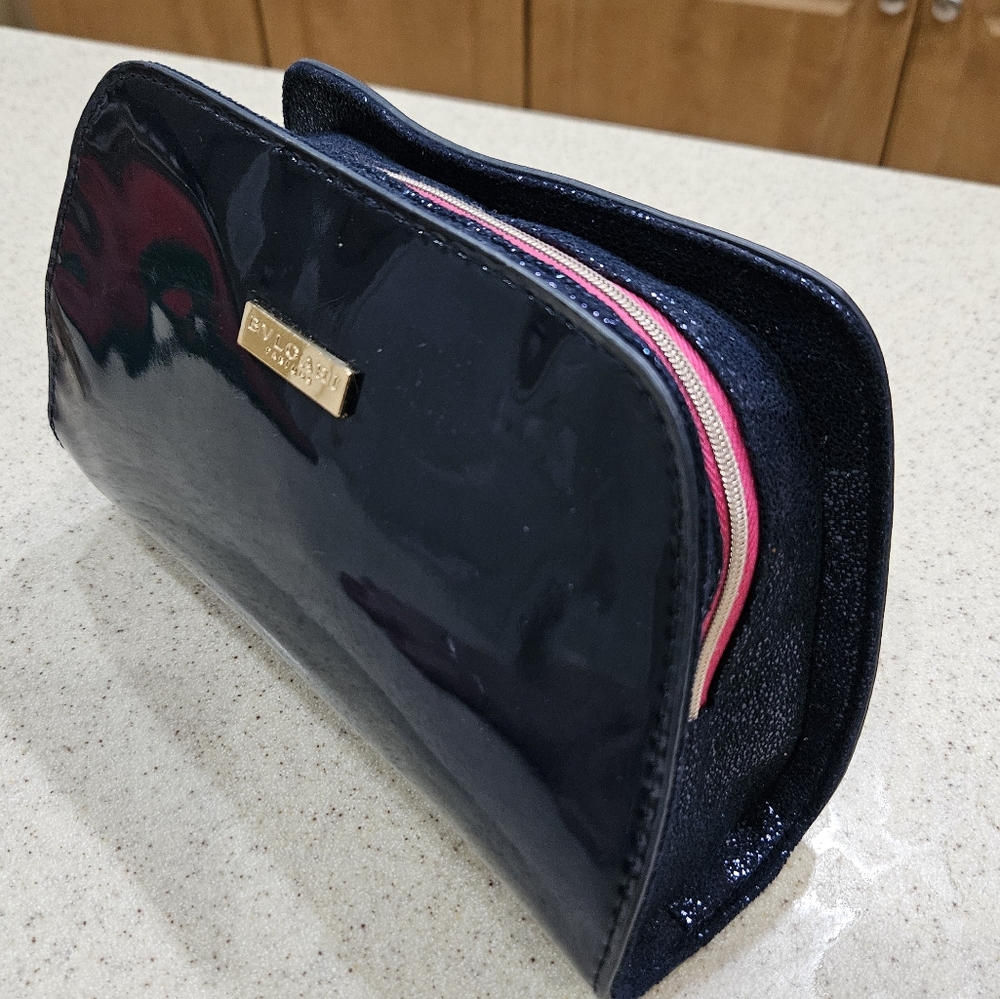 Bulgari Navy Patent Cosmetic Pouch with Pink Zipper